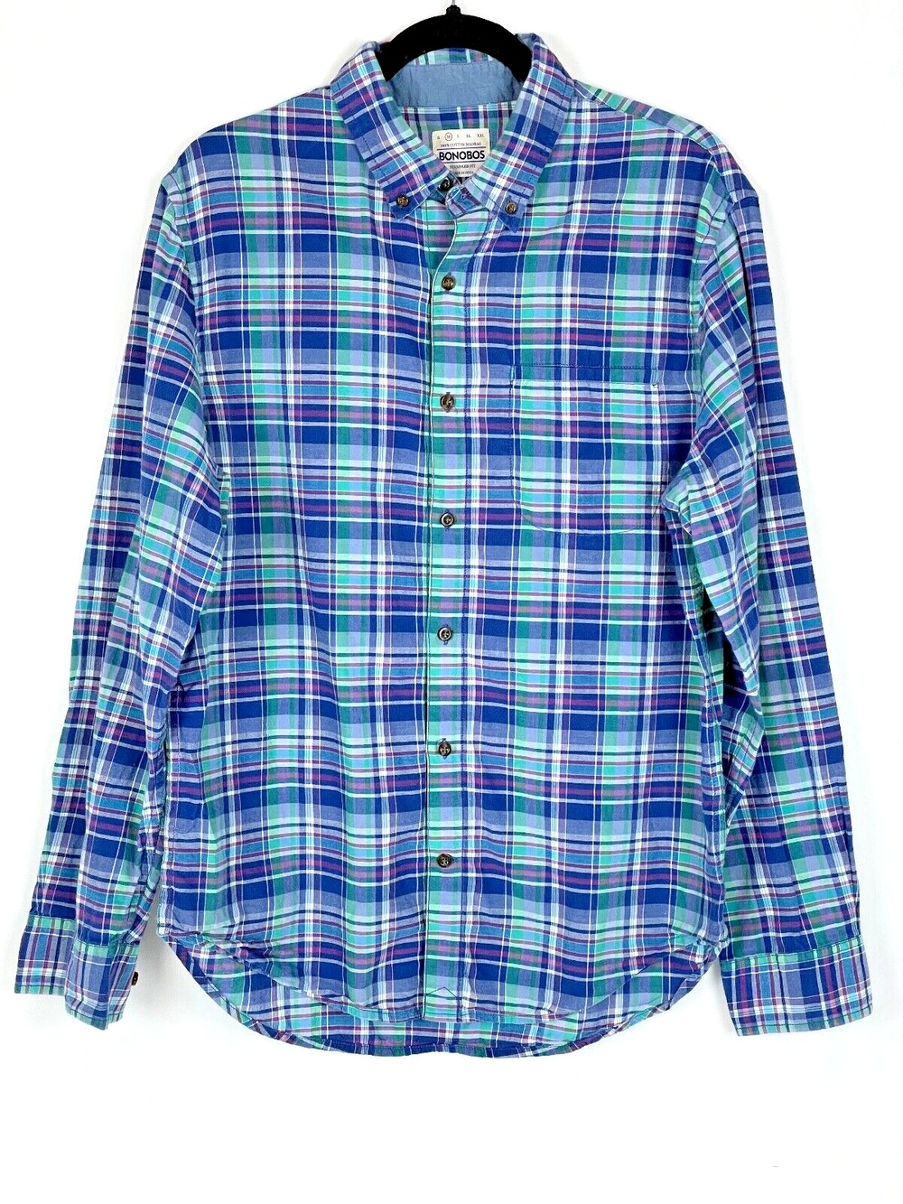 Bonobos Long Sleeve Button Up Shirt Blue & Green Plaid Gingham - Men's size M